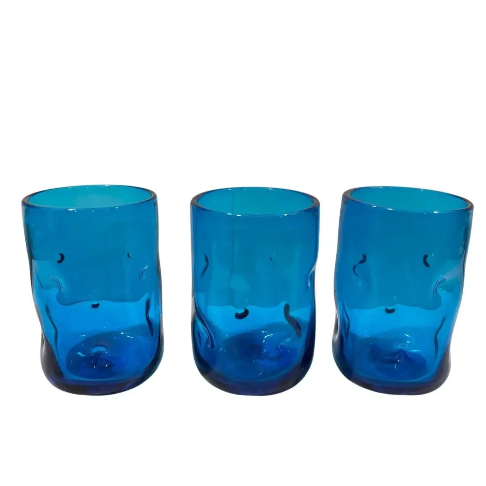 Set of 3 Blenko Tumbler Drinking Glasses Turquoise Blue Pinched Dimpled 4.5 Inch